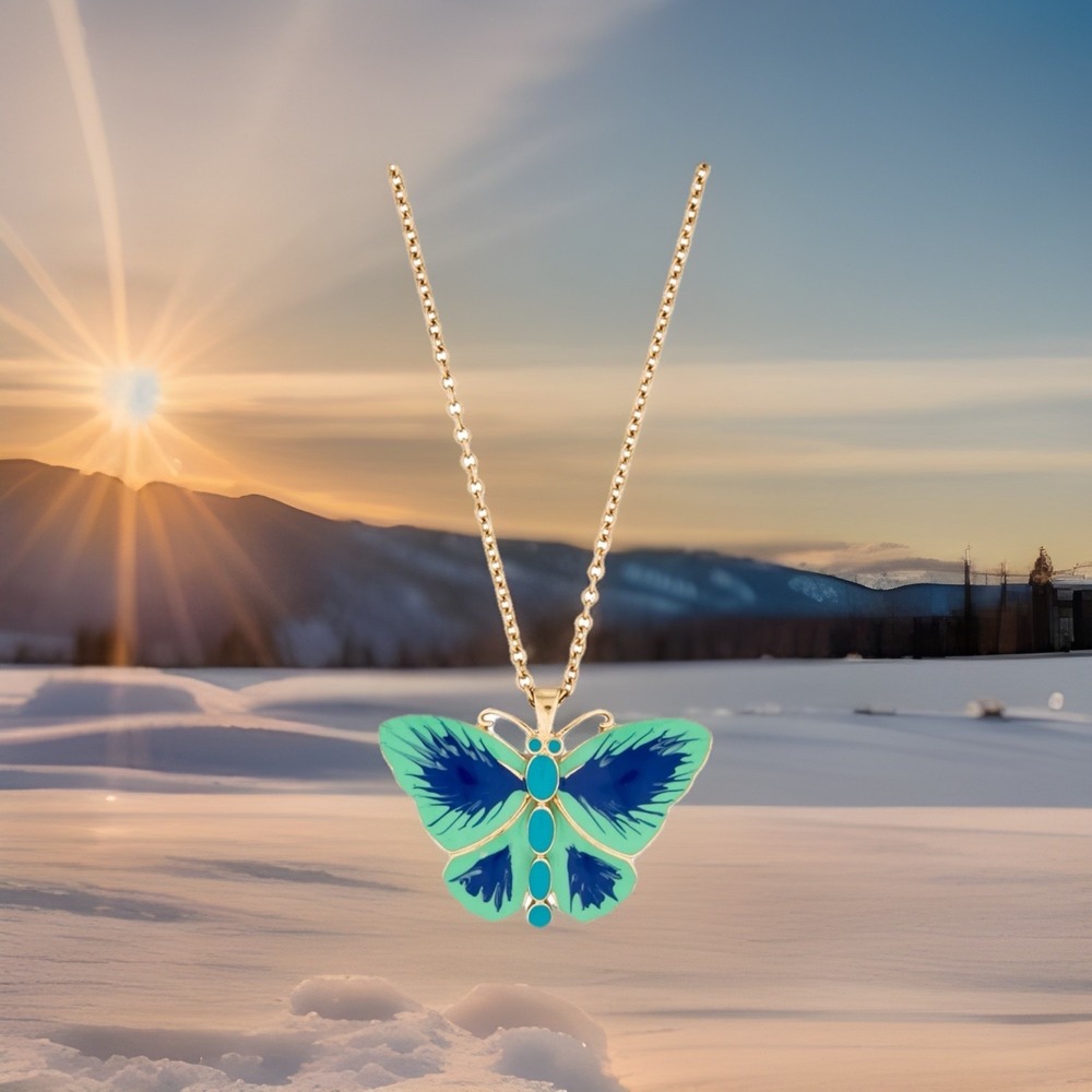 Kate Spade New York Lg Butterfly Pendant Necklace Teal & Blue Enamel Gold Tone